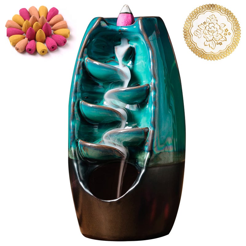 IN ONE INONE Ceramic Incense Burner with 100 Upgraded Cones, Waterfall Backflow Incense Holder, Aromatherapy Ornament, Zen Decor, Home Decor, Room Decor (Cyan) - Image 1